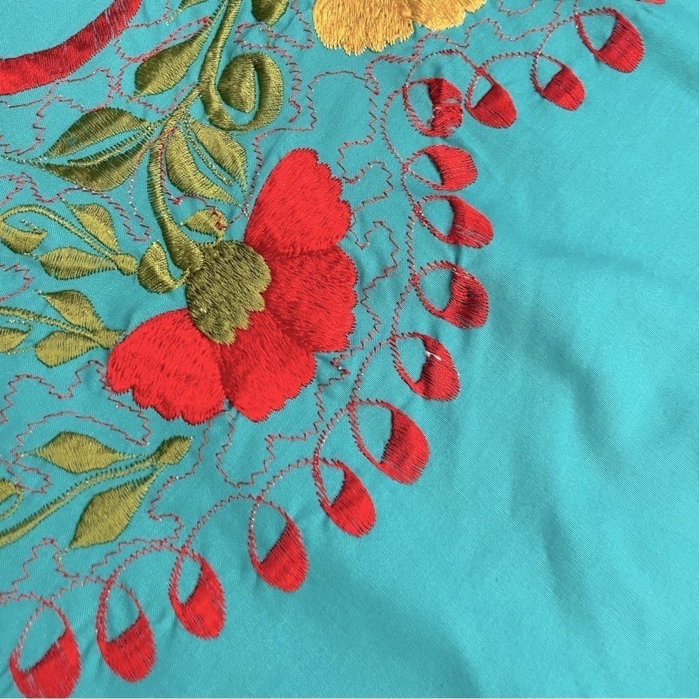 VTG Turquoise Embroidered Floral Mexican Blouse Boho Peasant Top M - Picture 10 of 15